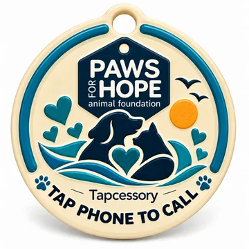 Paws for Hope Tapcessory tag with a dog, cat, teal hearts and Tap Phone to Call lettering