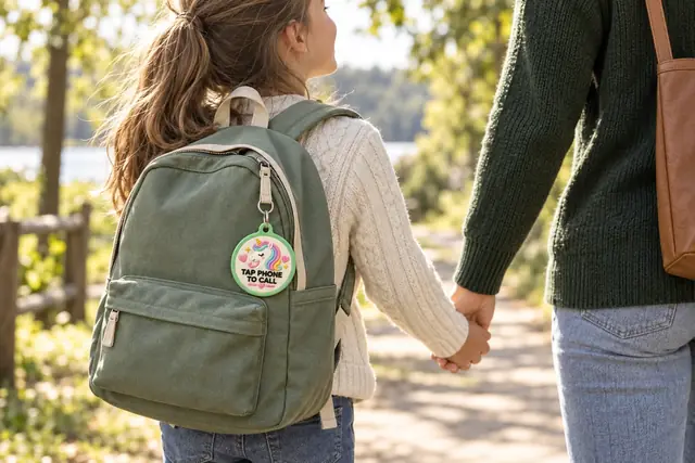 A child carrying a backpack with a Tapcessory tag