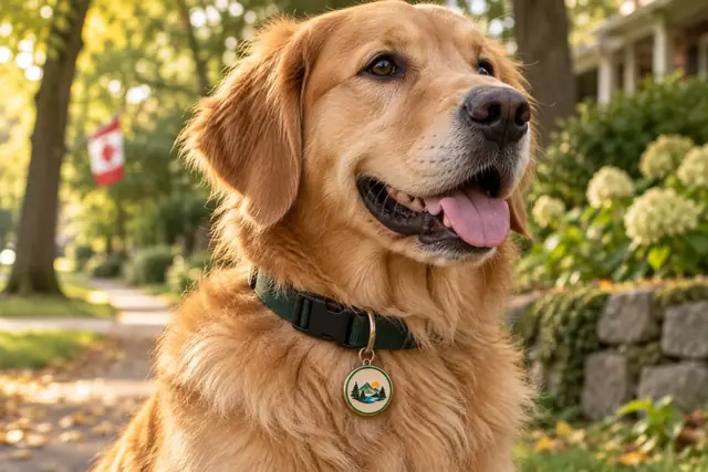 A dog wearing a Tapcessory tag on its collar