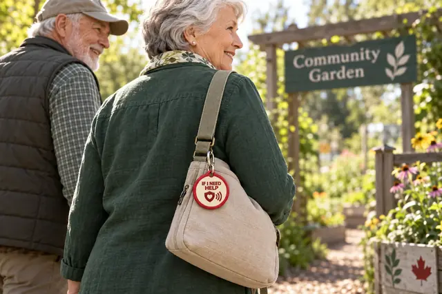 Adults enjoying a walk with a tag attached to a bag