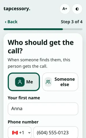 Step 3 of 4: who gets the call, email and the Text me when it’s tapped switch