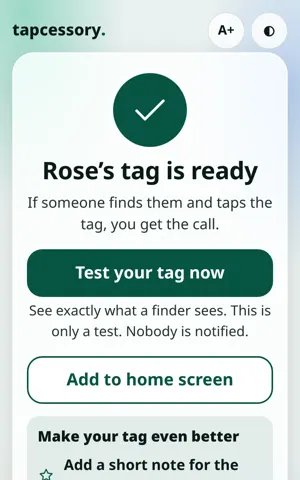 Success screen: tag is ready, Test your tag now, Make your tag even better
