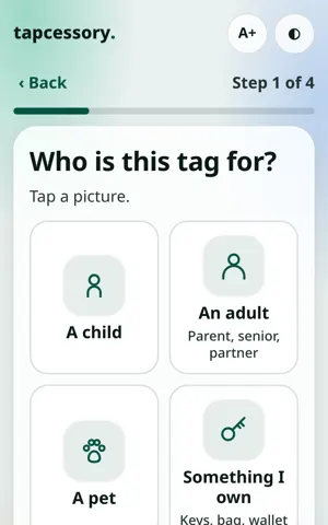 Step 1 of 4: four tiles, a child, an adult, a pet, something I own